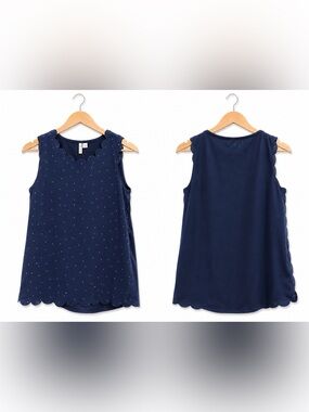 Women’s Elle Navy Scallop Trim Sleeveless Blouse Medium Polka Dot Tank Top